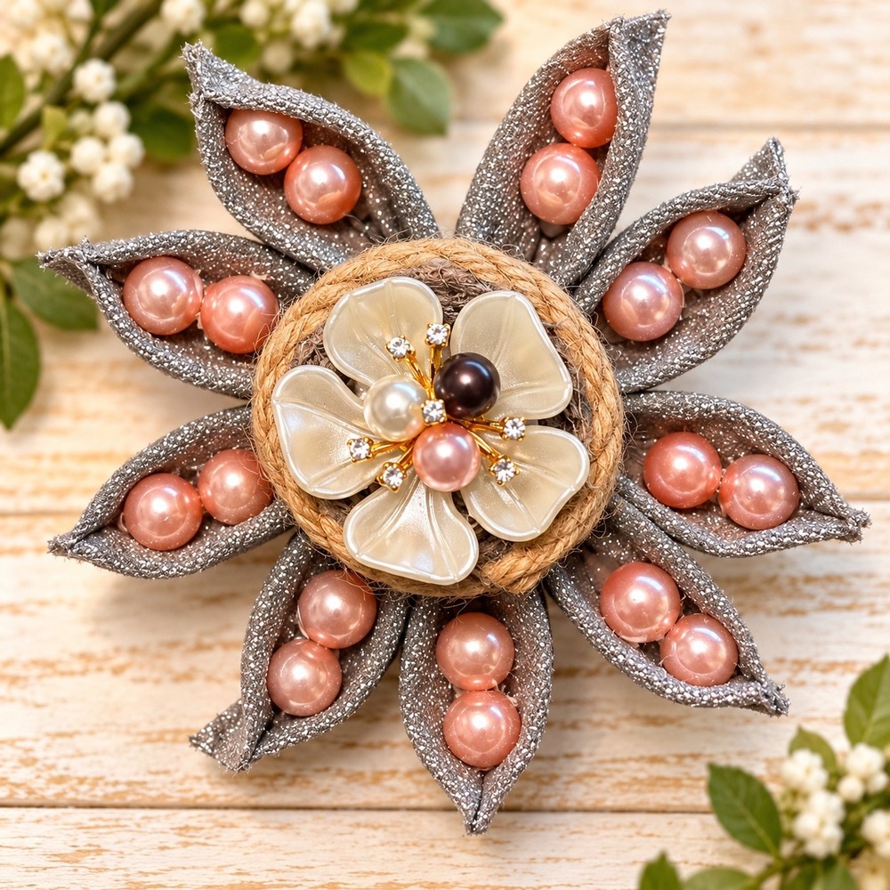 Handmade Denim Flower Magnetic Pink Pearl Silver Shimmer Floral Pin 1